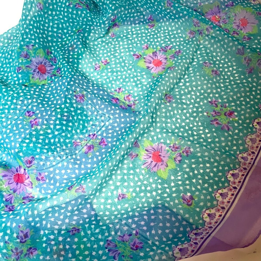 Vintage chiffon square violent and aqua blue floral print scarf 28”